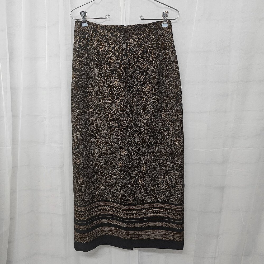Vintage Briggs Maxi Pencil Skirt Black Gold Floral Retro Goth 8
